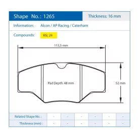 Pagid Racing 1265 RSL29 E1265R29 - disegno sagoma 1265