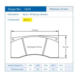 Pagid Racing 1674 RSL19 E1674R19 - Zeichnung Form 1674