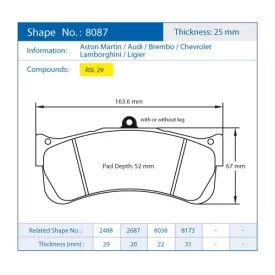 Pagid Racing 8087 RSL29 E8087R29 - disegno sagoma 8087